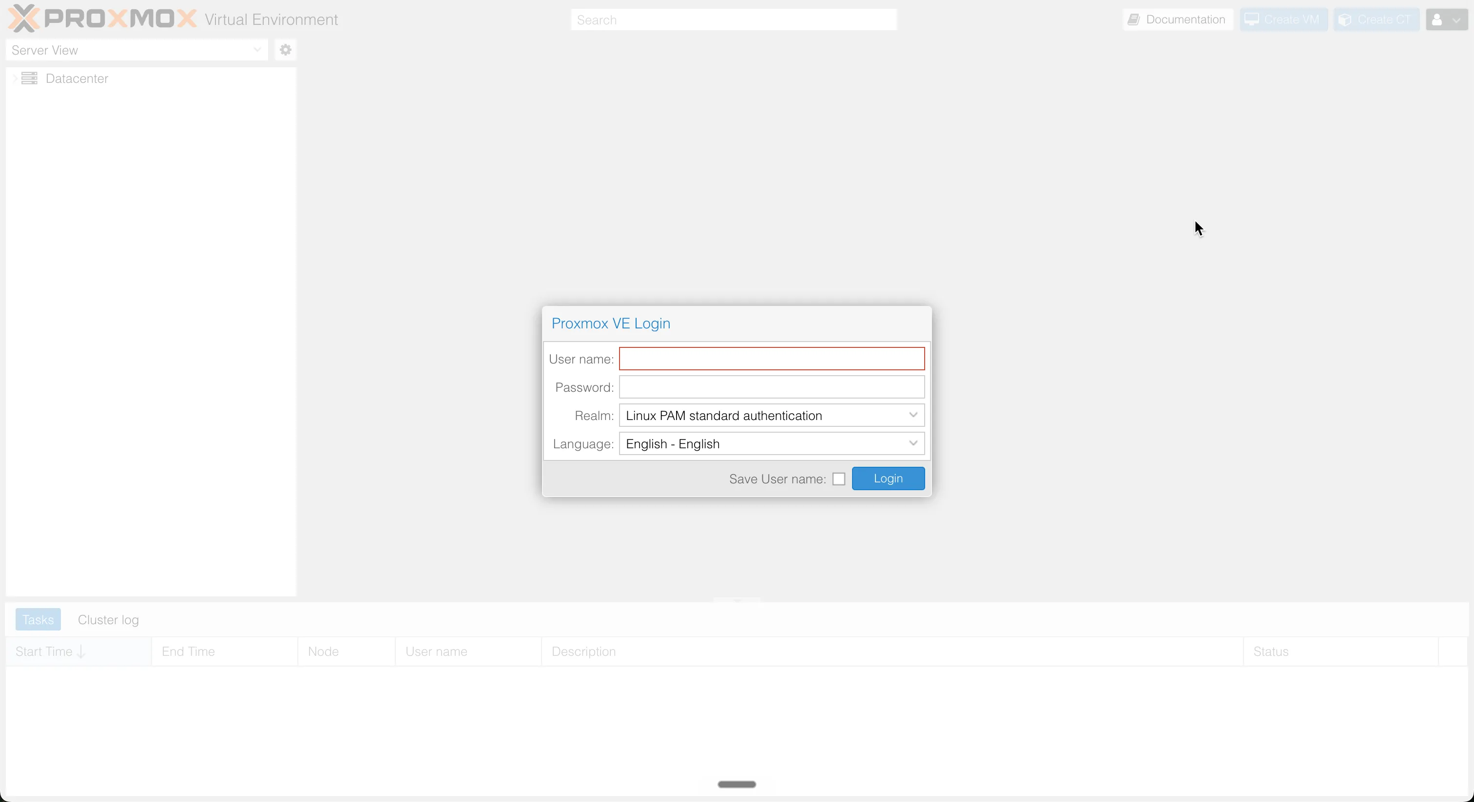 Proxmox Login Screen